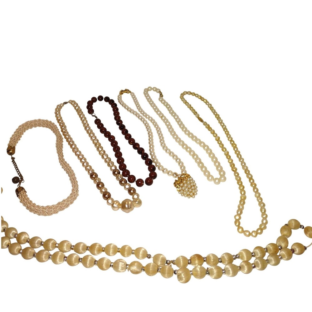 Vintage Faux Pearl Necklace Lot 7pc Strawberry Pendant Woven Choker Satin Beads